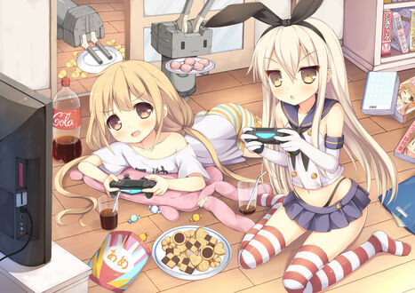 Обои на рабочий стол Shimakaze / Симакадзэ из аниме Kantai Collection: KanColle / Флотская коллекция и Anzu Futaba / Андзу Футаба из аниме The iDOLM@STER Cinderella Girls / Идолмастер: Девушки-золушки