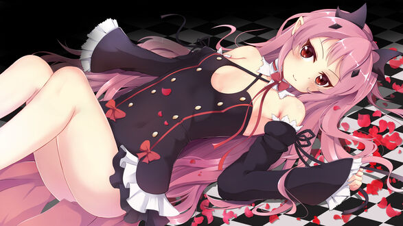 Обои на рабочий стол Krul Tepes / Крул Цепеш из аниме Owari no Seraph / Последний Серафим лежит на клетчатом полу среди красных лепестков, автор mia