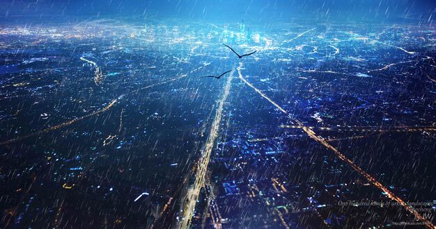 Обои на рабочий стол Птицы пролетают над городом во время дождя, by JW