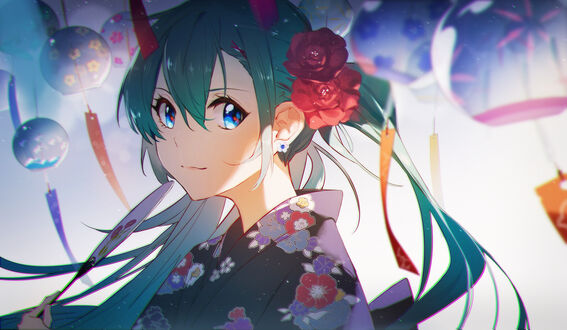 Обои на рабочий стол Vocaloid Hatsune Miku / Вокалоид Хатсунэ Мику в традиционной одежде среди колокольчиков