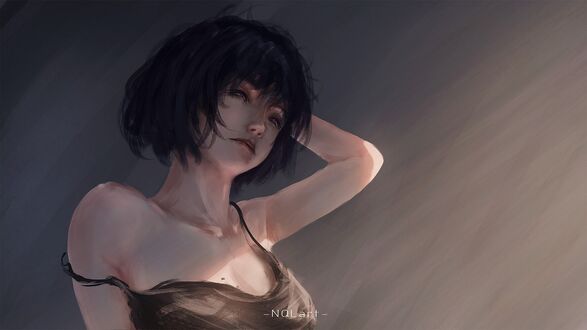 Обои на рабочий стол Девушка-брюнетка в лучах утреннего солнца, by NQL art