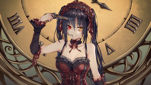 Обои на рабочий стол Kurumi Tokisaki / Куруми Токисаки из аниме Date A Live / Рандеву с жизнью стоит с пистолетом у виска