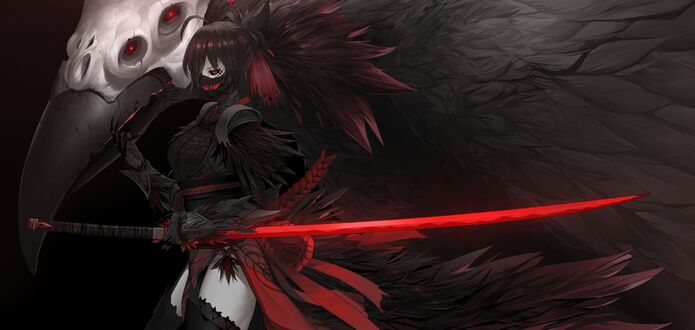 Обои на рабочий стол Raven Branwen держа меч в руке стоит возле огромного ворона, персонаж из аниме RWBY (Red, White, Black, Yellow), art by Dishwasher1910