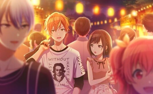 Обои на рабочий стол Тойя Аояги / Aoyagi Touya, Айри Момои / Momoi Airi, Акито Шинономе / Shinonome Akito и Эна Шинономе / Shinonome Ena из игры Project Sekai Colorful Stage! feat. Hatsune Miku
