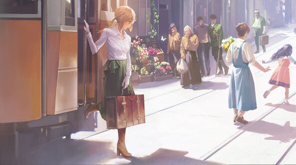 Обои на рабочий стол Violet Evergarden / Вайолет Эвергарден, персонаж из аниме Violet Evergarden выходит из трамвая с чемоданчиком в руке