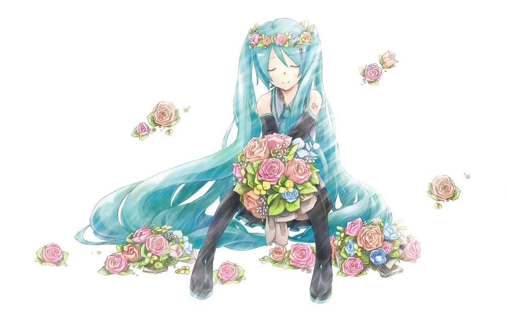 Обои для рабочего стола Vocaloid Hatsune Miku / вокалоид Хатсуне Мику сидит с закрытыми глазами с букетом роз