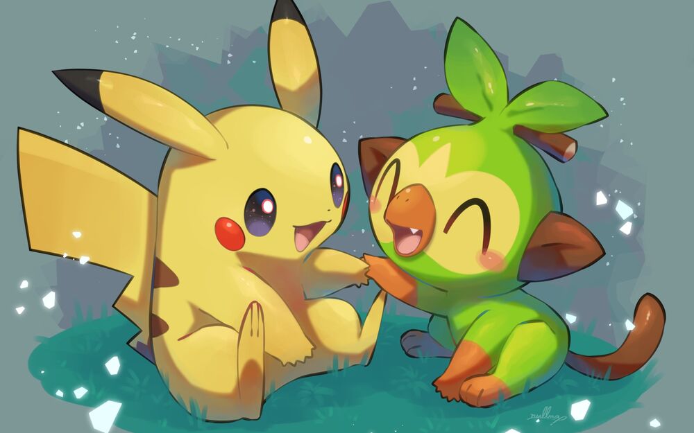 Обои для рабочего стола Пикачу / Pikachu и Grookey, персонажи из аниме Покемон / Pokemon