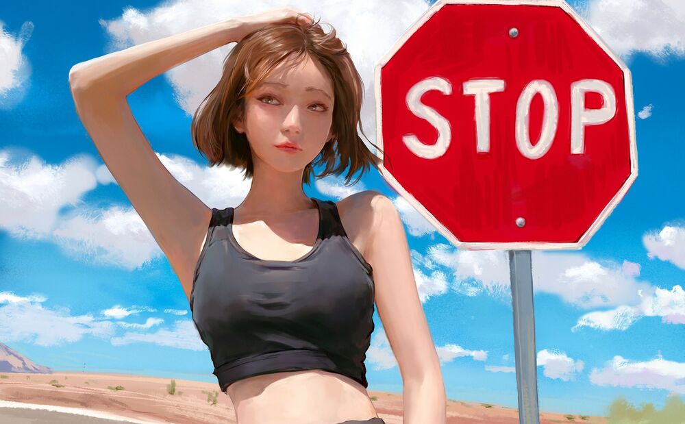 Обои для рабочего стола Девушка в короткой майке стоит возле знака STOP / Стоп, art by shenpei wu