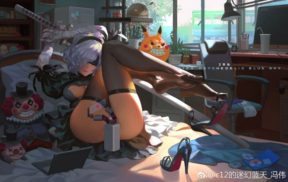 Обои для рабочего стола Девушка YoRHa №2 тип B, персонаж из видеоигры NieR: Automata, психоделик арт by Feng Wei