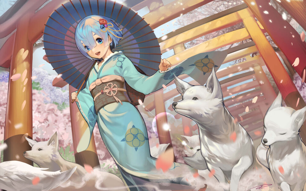 Обои для рабочего стола Rem / Рем, персонаж из аниме Re:Zero kara Hajimeru Isekai Seikatsu / Re:Zero. Жизнь с нуля в альтернативном мире, стоит под зонтиком в кимоно, by damiaoart