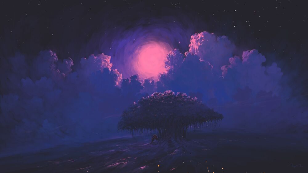 Обои для рабочего стола Отдыхающая розовая луна / Resting Ping Moon, пейзаж ночного неба, by BisBiswas