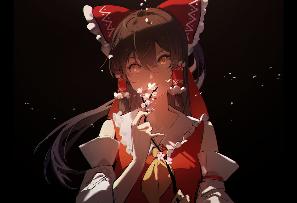 Обои для рабочего стола Reimu Hakurei / Рейму Хакурей из игры Проект Восток / Touhou Project с веткой сакуры у рта на черном фоне