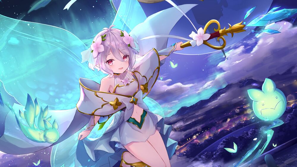 Обои для рабочего стола Natsume Kokoro с полупрозрачными крыльями за спиной и посохом в руке, персонаж из игры Princess Connect! / Связь принцесс, art by Poumi