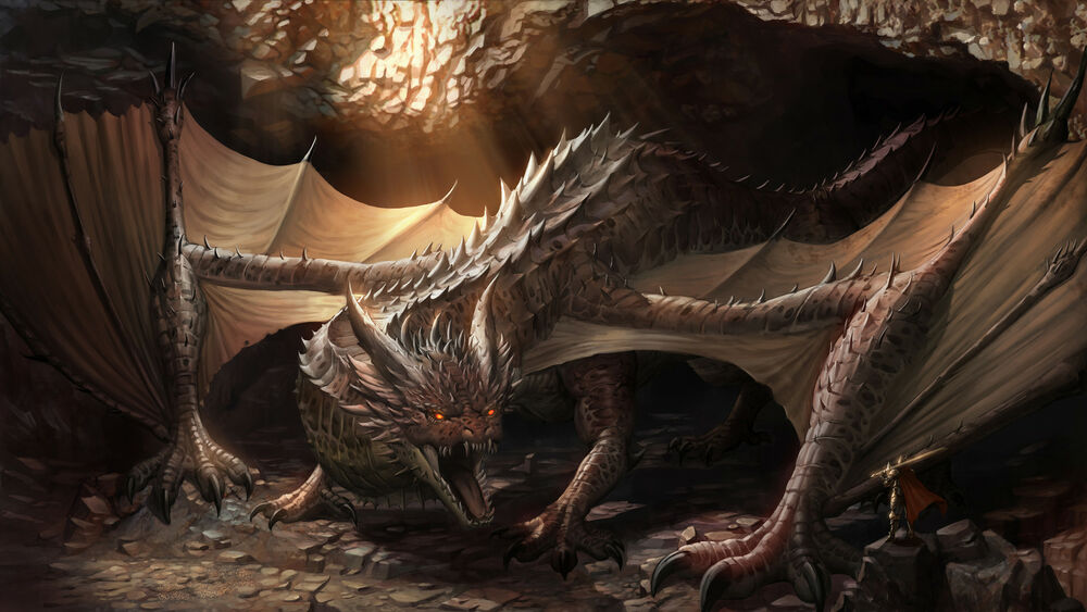 Обои для рабочего стола Рыцарь стоит перед рычащим драконом, by Muel Kim