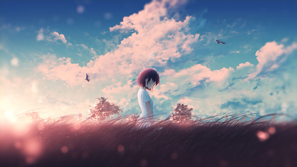 Обои для рабочего стола Девушка стоит в высокой траве на фоне неба, by furi