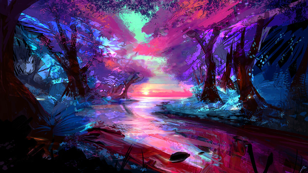 Обои для рабочего стола Пейзаж лесной реки в лучах вечернего солнца, digital art by JoeyJazz