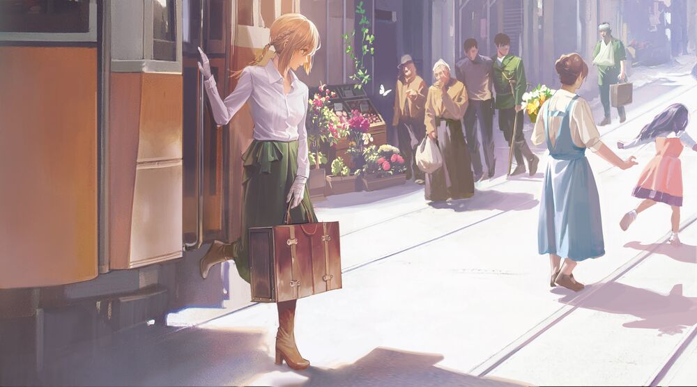 Обои для рабочего стола Violet Evergarden / Вайолет Эвергарден, персонаж из аниме Violet Evergarden выходит из трамвая с чемоданчиком в руке