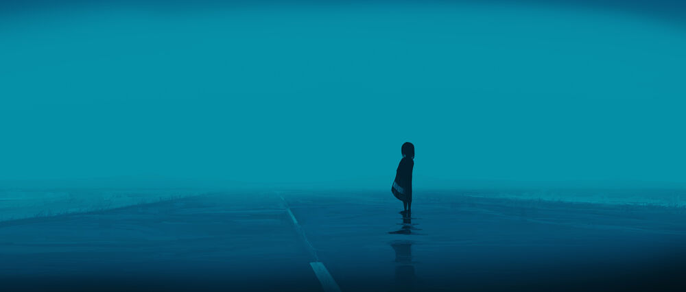 Обои для рабочего стола Одинокая девочка стоит на мокрой дороге, by Gracile