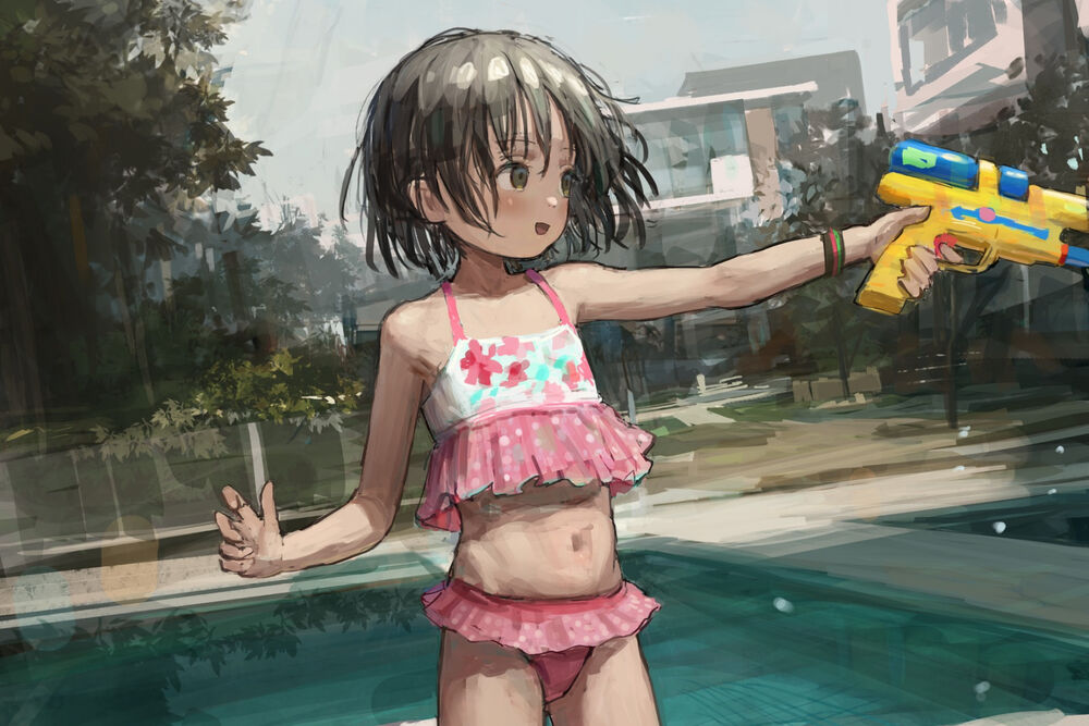Обои для рабочего стола Девочка с водяным пистолетом стоит возле бассейна, оригинальный аниме персонаж by Annda
