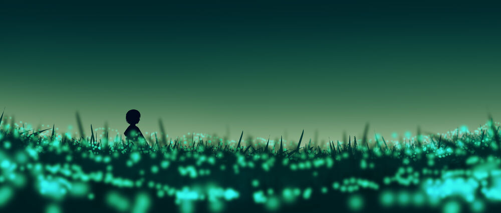 Обои для рабочего стола Девочка стоит в траве, в которой множество светлячков, by Gracile