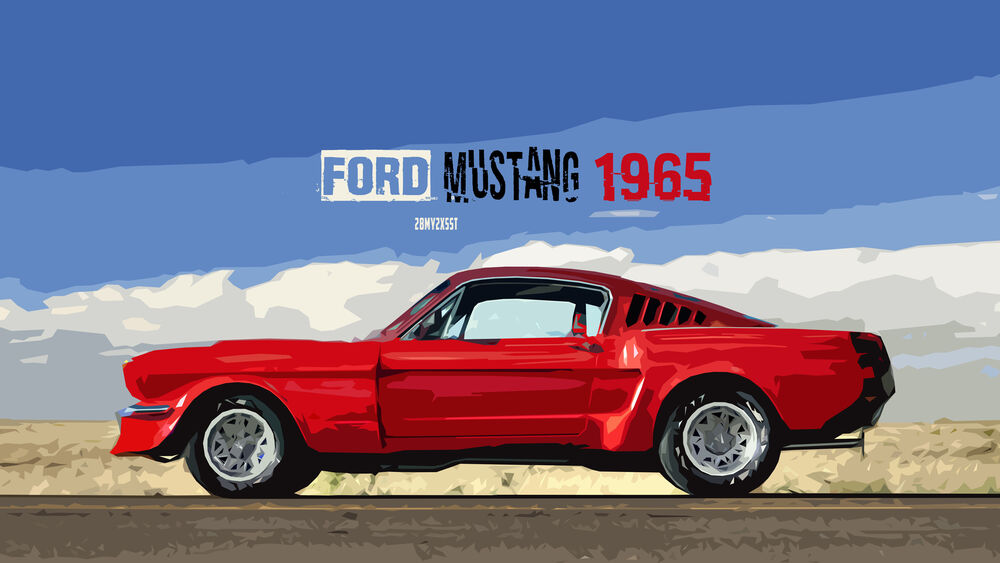 Обои для рабочего стола Ретро автомобиль красного цвета Ford Mustag, модель 1965 года, art by zelko
