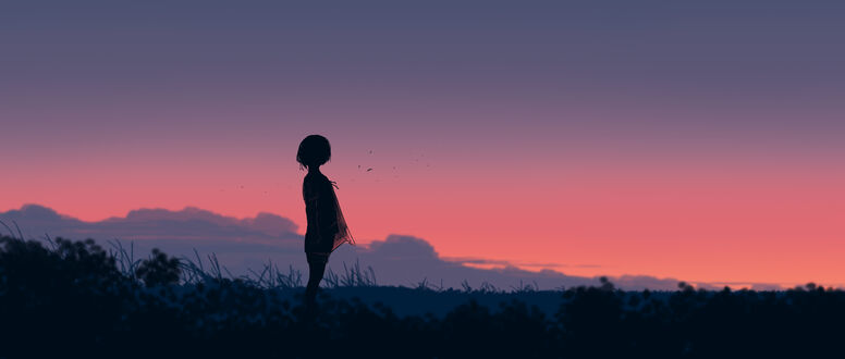 Обои на рабочий стол Девочка стоит в траве на фоне закатного неба, by Gracile