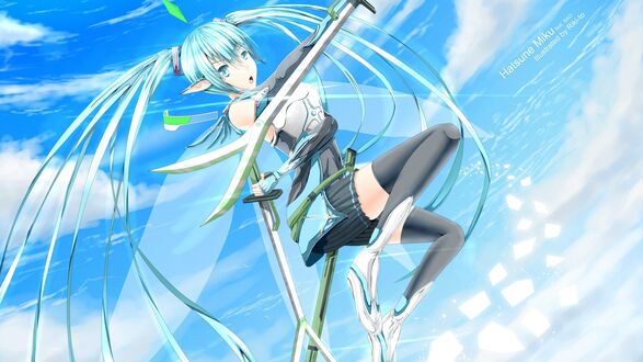 Обои на рабочий стол Vocaloid Hatsune Miku / Вокалоид Хатсунэ Мику прыгает с оружием в руках на фоне голубого неба, art by Riki-to