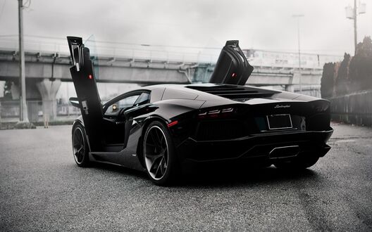 Обои на рабочий стол Черный Lamborghini aventador с открытыми дверьми на дороге у моста