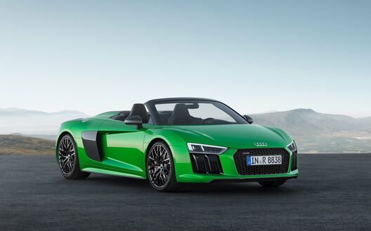 Обои на рабочий стол Audi R8 Spyder / Ауди Р8 Спайдер зеленого цвета на фоне гор спереди