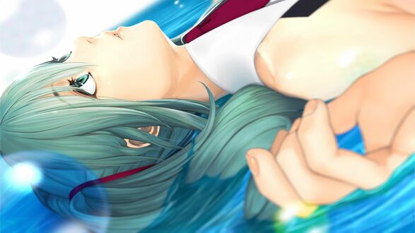 Обои на рабочий стол Vocaloid / Вокалоид Hatsune Miku / Хатсуне Мику / Мику Хацунэ лежит на воде глядя в верх
