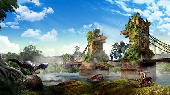 Обои на рабочий стол Разрушенный мост из игры Horizon Zero Dawn