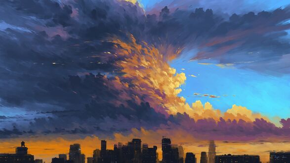 Обои на рабочий стол Пейзаж штормового неба над городом / Storm Over City, digital art by BisBiswas