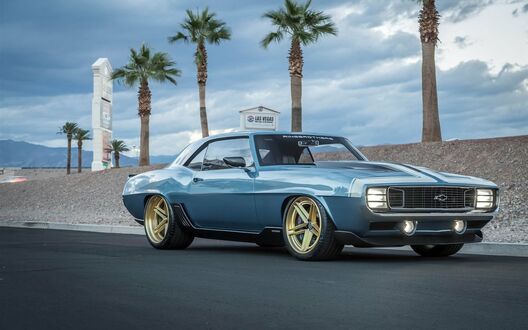 Обои на рабочий стол Голубой Chevrolet Camaro под пасмурным небом на фоне пальм