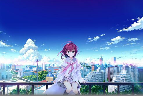 Обои на рабочий стол Arimura Romi сидит на металлическом ограждении, персонаж из игры - визуальной новеллы Einstein Yori Ai o Komete, art by Kimishima Ao