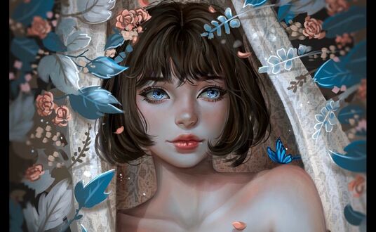 Обои на рабочий стол Девушка с голубыми глазами с бабочкой на плече, by kalisami