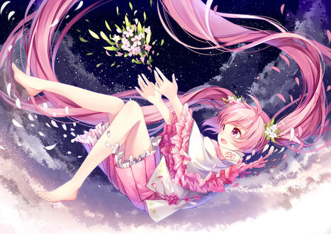 Обои на рабочий стол Vocaloid Hatsune Miku (Sakura Miku) / Вокалоид Хатсуне Мику (Сакура Мику) в свободном падении на фоне ночного неба, art by Bisonbison