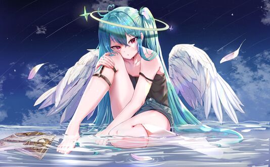 Обои на рабочий стол Vocaloid Hatsune Miku / Вокалоид Хатсунэ Мику с крыльями за спиной сидит в воде, art by Merutoro10