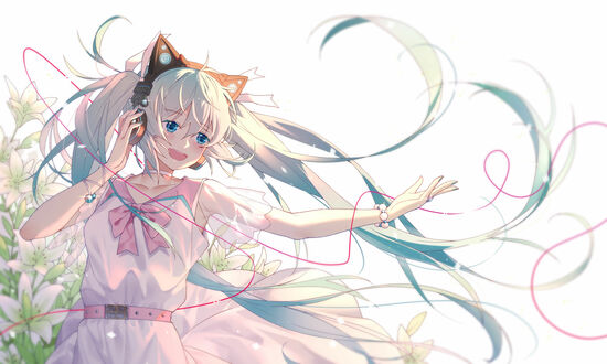 Обои на рабочий стол Vocaloid Hatsune Miku / Вокалоид Хатсунэ Мику слушает музыку в наушниках, art by Ginklaga