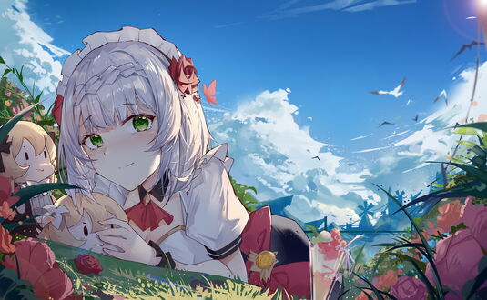 Обои на рабочий стол Noelle лежит на траве, персонажи из компьютерной игры Genshin Impact, art by Yajuu