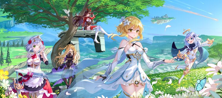 Обои на рабочий стол Noelle, Fischl, Amber, Lumine и Paimon персонажи из компьютерной игры Genshin Impact, art by Swordsouls