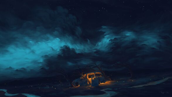 Обои на рабочий стол Застрявший в деревьях автомобиль / Dramatic Night, by BisBiswas