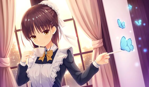 Обои на рабочий стол Shiki Natsume в одежде горничной держит чашку в руке, персонаж из игры визуальной новеллы Cafe Stella to Shinigami no Chou, art by Maijin
