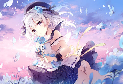 Обои на рабочий стол Ezuki Luna стоит на цветочной поляне, виртуальный ютубер Emori Miku Project, art by Mochizuki Shiina