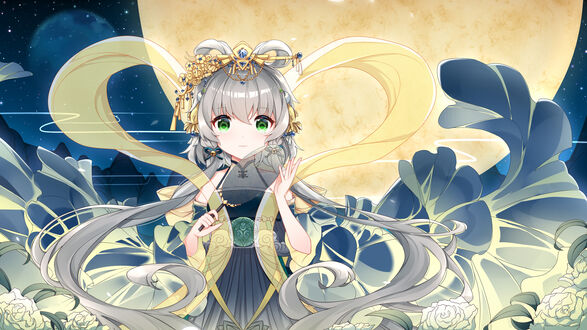 Обои на рабочий стол Vocaloid Luo Tianyi / Вокалоид Луо Тяньи стоит на фоне полной луны на ночном небе, держа в руке японский круглый веер «утива», art by Drsn