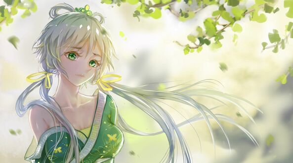 Обои на рабочий стол Грустная Vocaloid Luo Tianyi / Вокалоид Луо Тяньи стоит под ветвями дерева, art by Shan-n