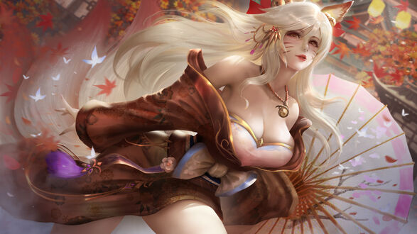 Обои на рабочий стол Девятихвостая девушка-лиса Ahri / Ари в красивом кимоно держит традиционный японский зонт «Вагаса» в руке, персонаж из игры League of Legends / Лига Легенд, art by Windwalker