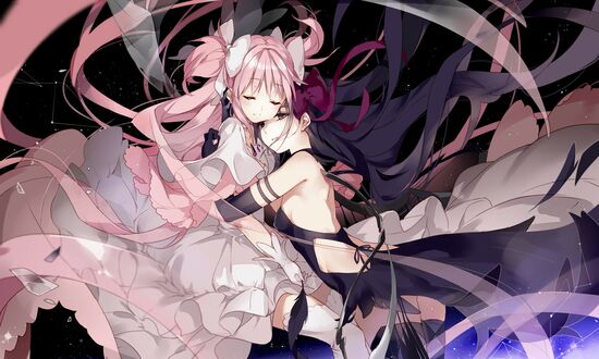 Обои на рабочий стол Madoka Kaname / Мадока Канамэ и Homura Akemi / Хомура Акэми из аниме Mahou Shoujo Madoka★Magica / Девочка-волшебница Мадока★Волшебство, art by Hoshii Hisa