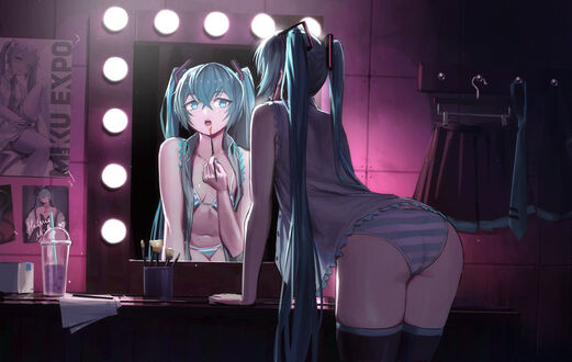Обои на рабочий стол Vocaloid Hatsune Miku / Вокалоид Хатсуне Мику стоит возле зеркала, by Vertigris