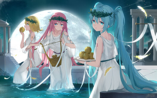 Обои на рабочий стол Vocaloids / Вокалоиды Hatsune Miku / Хатсунэ Мику, Megurine Luka / Мегурине Лука и Kagamine Rin / Кагамине Рин в нарядах богинь