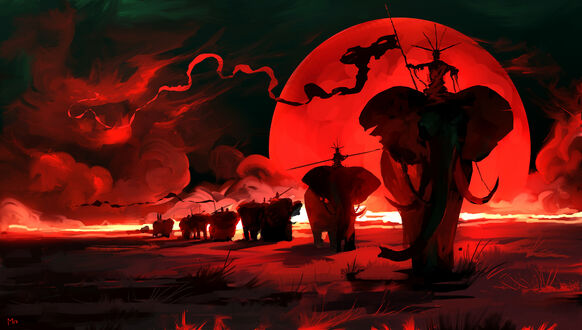 Обои на рабочий стол Войны едут верхом на слонах, Moon Red / Красная Луна, digital art by Dominik Mayer